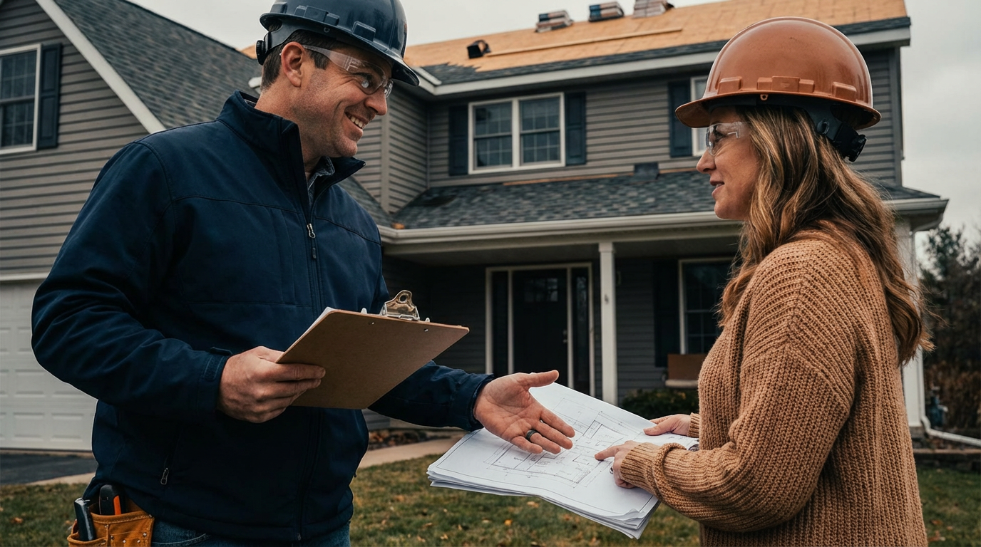 Roofing project manager discussing plans with homeowner