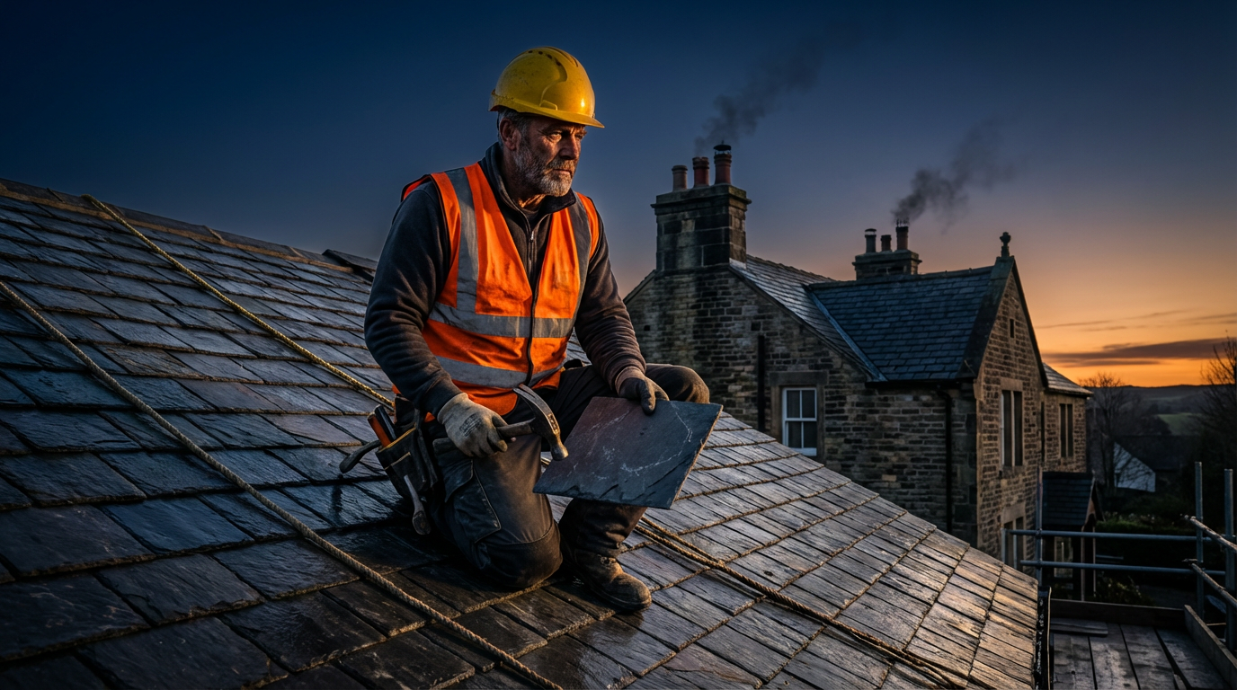Professional roofer working on a residential roof in Teesside