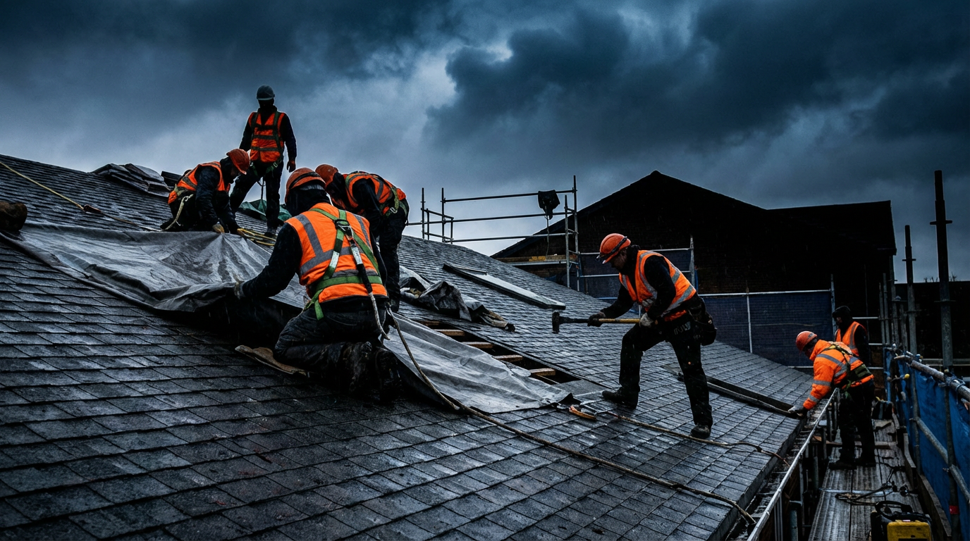 Emergency roof repair team working in storm conditions